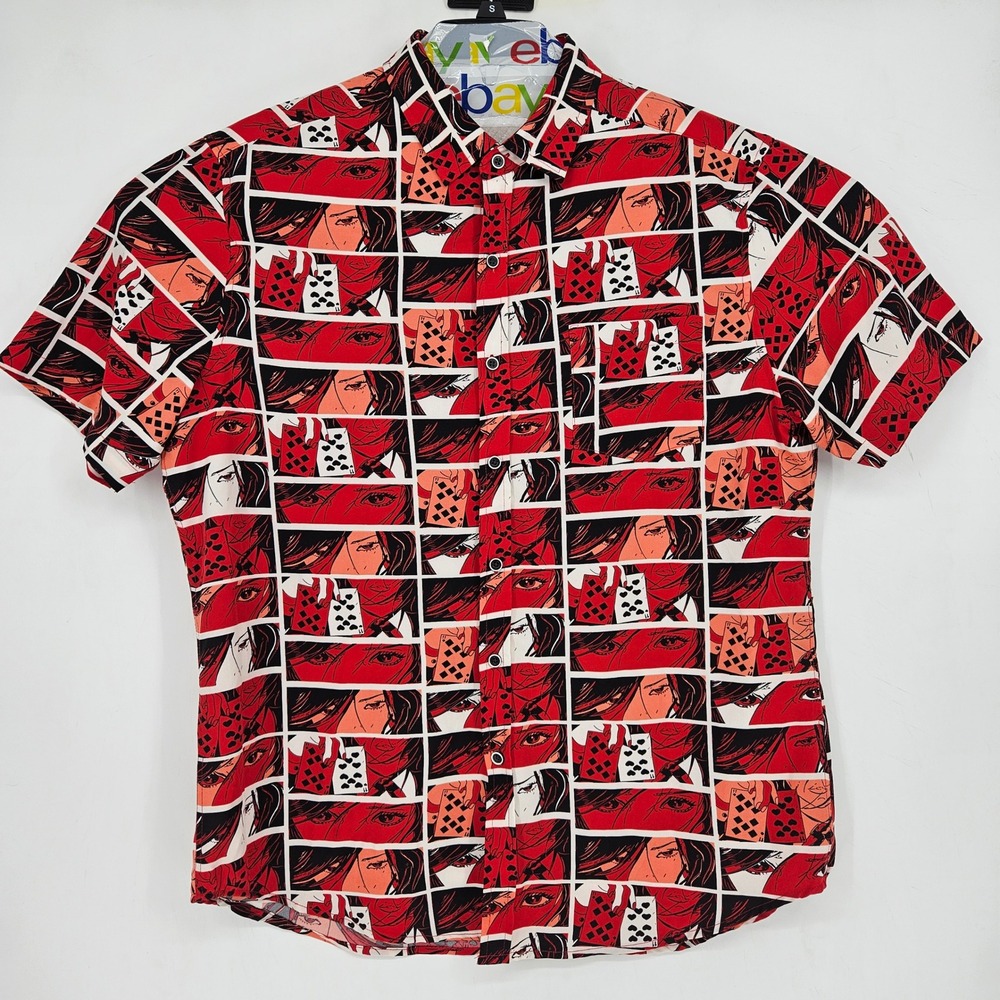 VSTR Shirt Mens XL Red Comic Book Burlesque Print Short Sleeve Button Up